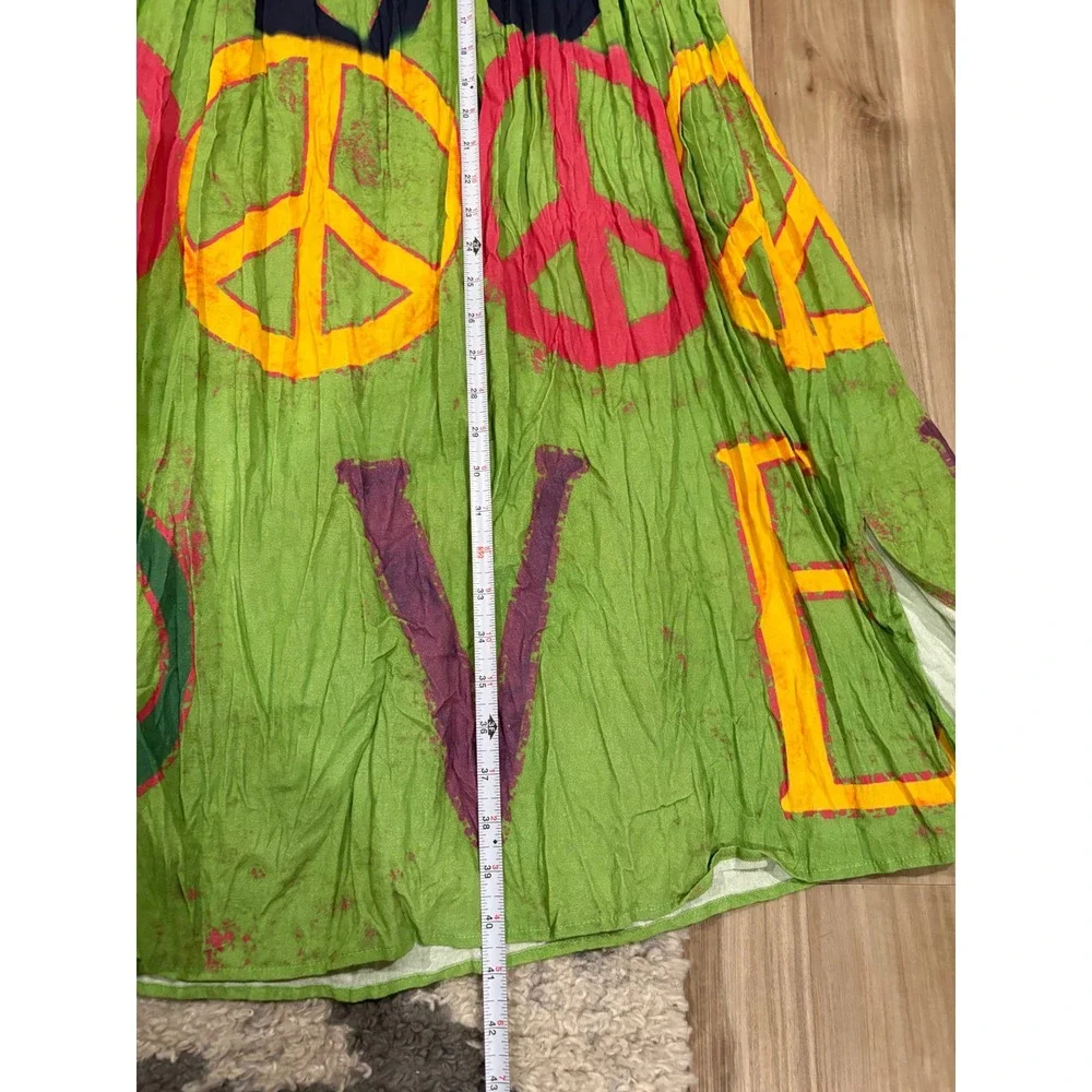 A Rare Bird Green Peace Love Cotton Smocked Maxi Skirt Boho Festival O/S xx
